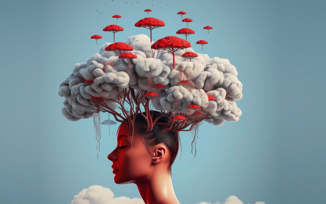 A conceptual image of a profile with a brain-shaped tree, featuring clouds and red mushrooms, symbolizing the growth and complexity of thoughts addressed in psychotherapy with a psychologist near Benoni.