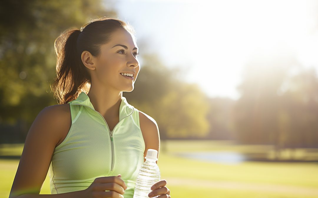 A woman in a lime green athletic vest smiling while jogging in a sunlit park, holding a water bottle.