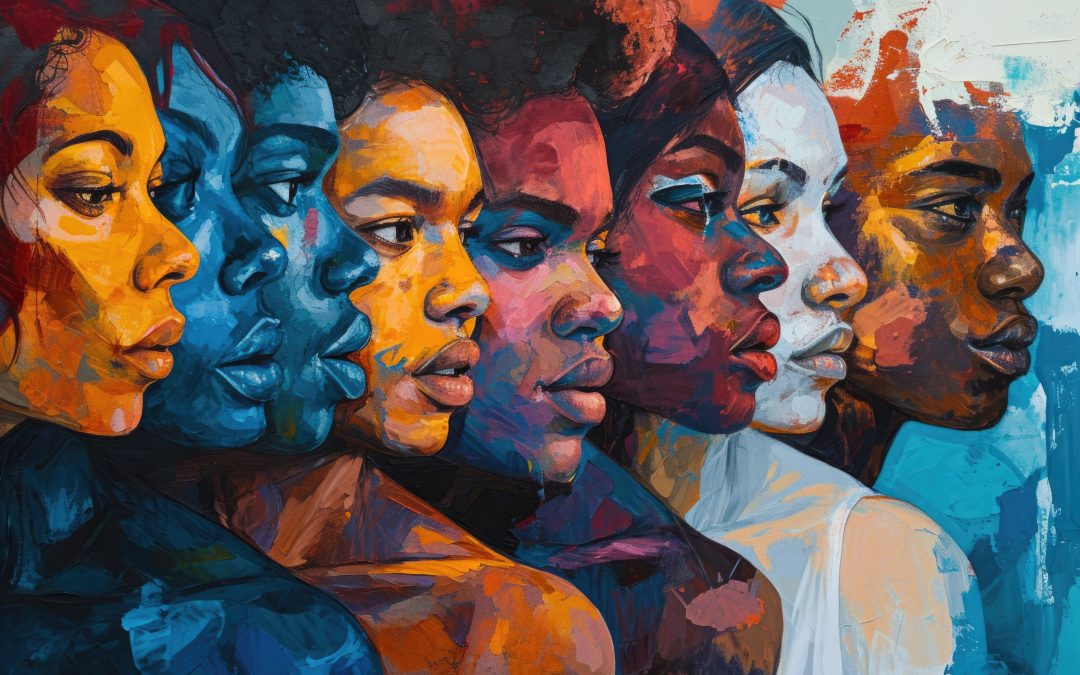 A vividly painted portrait of six individuals of diverse ethnic backgrounds, their faces closely aligned in profile, rendered in a spectrum of blue, orange, and red tones.