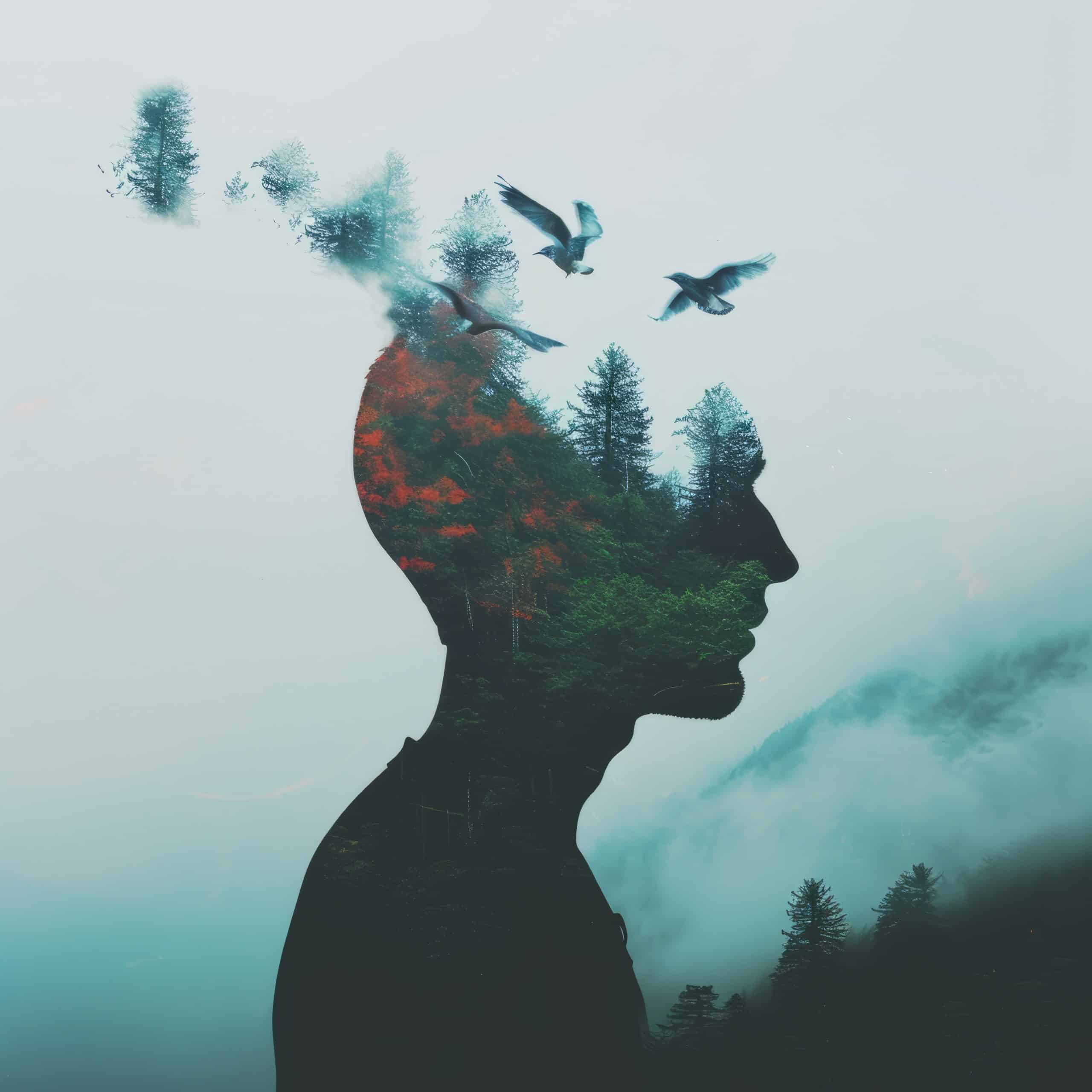 Silhouette of a human head with a forest and birds overlay, representing the concept of mental tranquility and nature's impact on psychological well-being.