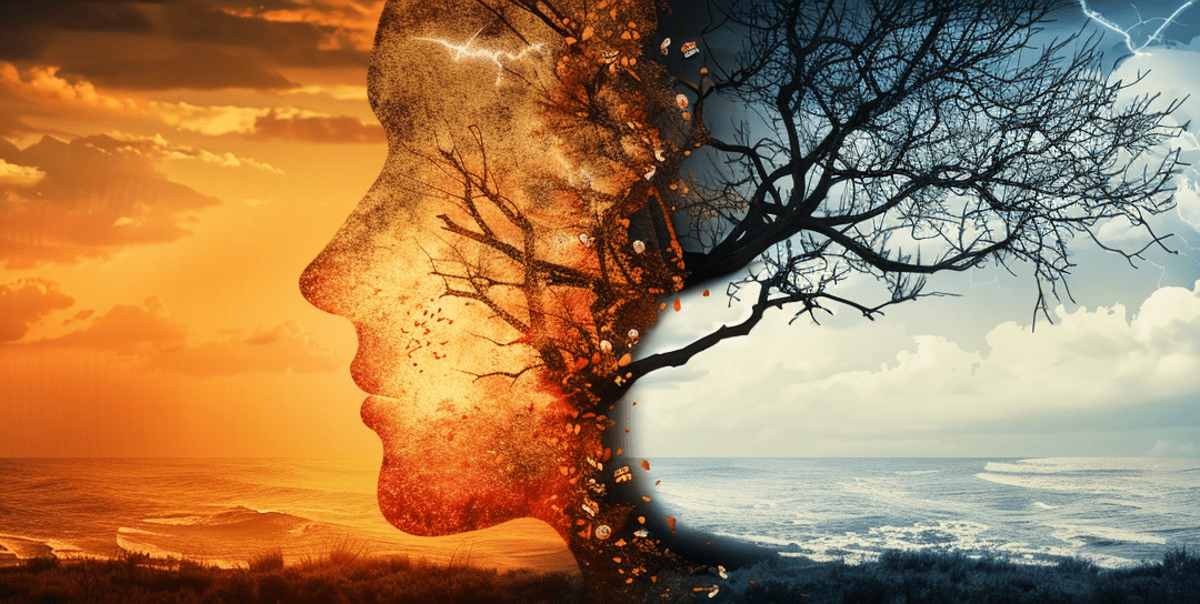 A split image of a human face merging with a tree, symbolizing the dual nature of bipolar disorder with contrasting weather and ocean scenes on each side.